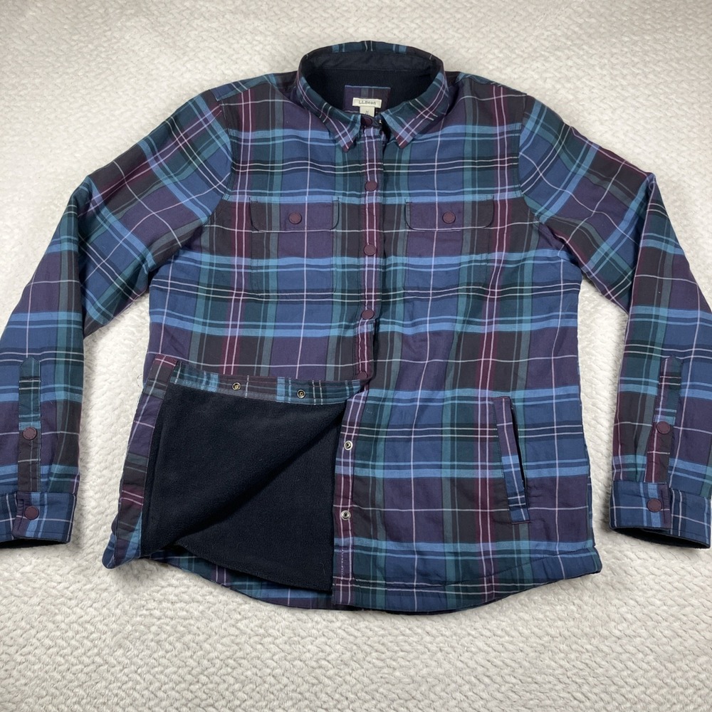 LL Bean Jacket Womens Medium Blue Plaid Fleece Lined Snap Plaid Shacket‎ Cabin